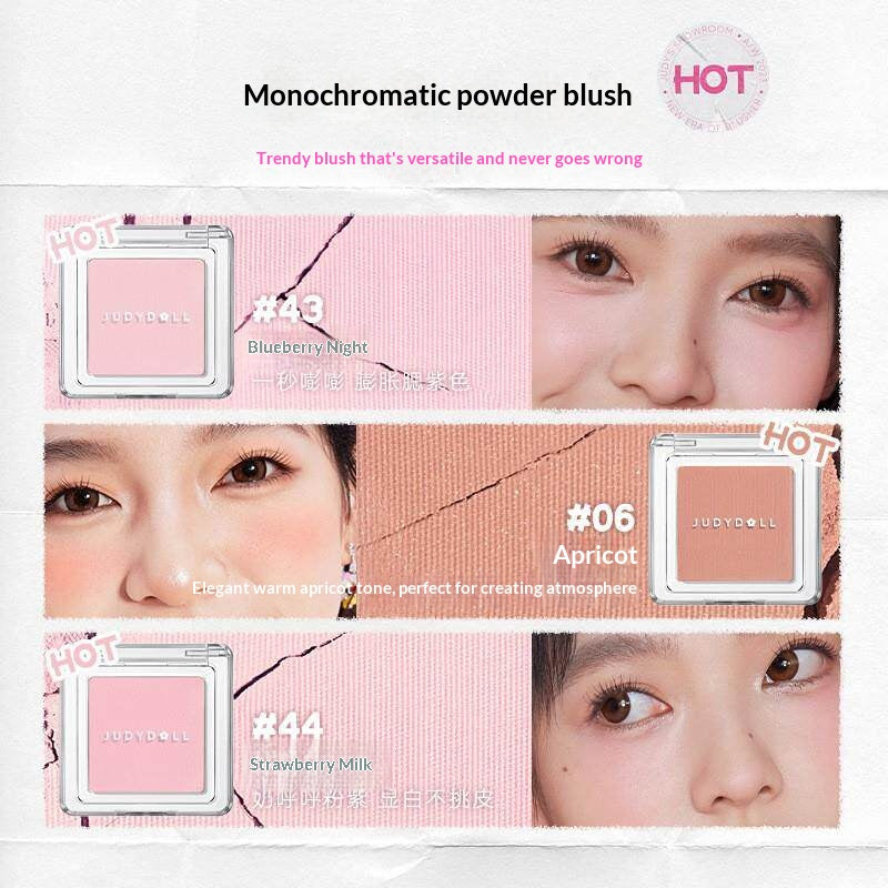 产品合集图：Judydoll Pretty Blush Powder Collection with 20 Diverse Shades for All Skin Tones
试色图：Judydoll Blush Powder Color Swatches Showing Pigmented and Blendable Texture
上脸效果图：Natural Makeup Look Created with Judydoll Soft Focus Blush Powder