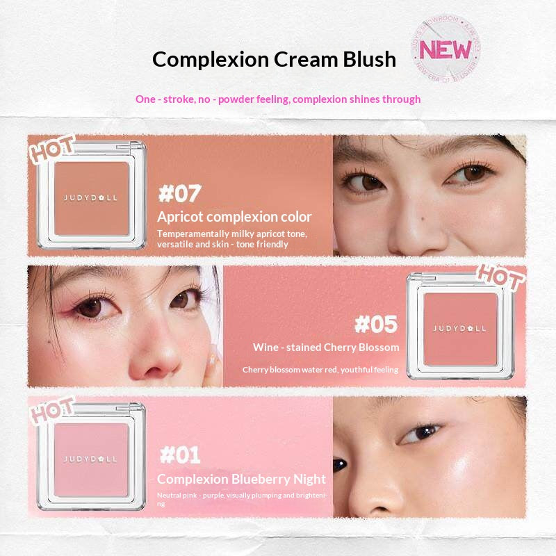 产品合集图：Judydoll Pretty Blush Powder Collection with 20 Diverse Shades for All Skin Tones
试色图：Judydoll Blush Powder Color Swatches Showing Pigmented and Blendable Texture
上脸效果图：Natural Makeup Look Created with Judydoll Soft Focus Blush Powder