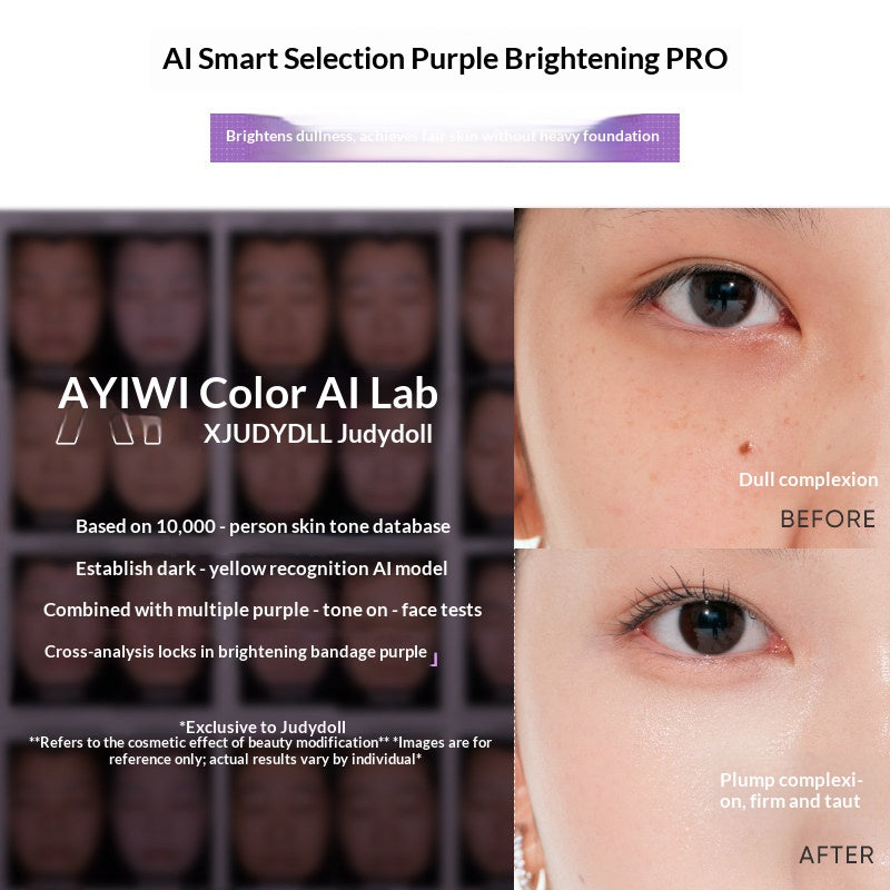 Open Judydoll primer showing creamy tone-up sunscreen formula in travel-friendly tube
模特上脸：Model wearing natural tone-up base makeup using Judydoll Purple Bandage Sunscreen Primer
Close-up smooth skin makeup created with Judydoll color correcting sunscreen primer
Natural no-foundation base makeup using Judydoll tone-up primer