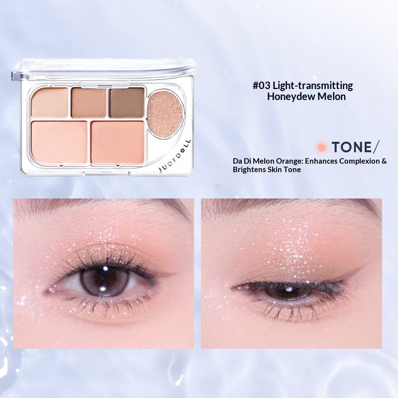 Judydoll Dew Prism 6-Color Glow Palette #02 Smoky Pink Palette featuring cool smoky pink blush and soft expansion glow tones