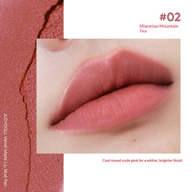 Judydoll Velvet Lip Mud Pencil #02 Soft Camellia featuring cool toned nude pink matte lip color with velvet texture