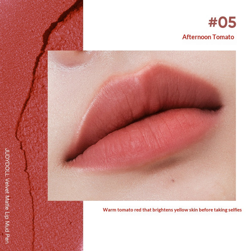 Judydoll Velvet Lip Mud Pencil #05 Afternoon Tomato featuring warm tomato red matte lip color with lightweight velvet texture