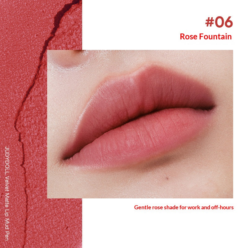Judydoll Velvet Lip Mud Pencil #06 Rose Fountain with gentle rosy matte lip color and smooth velvet finish