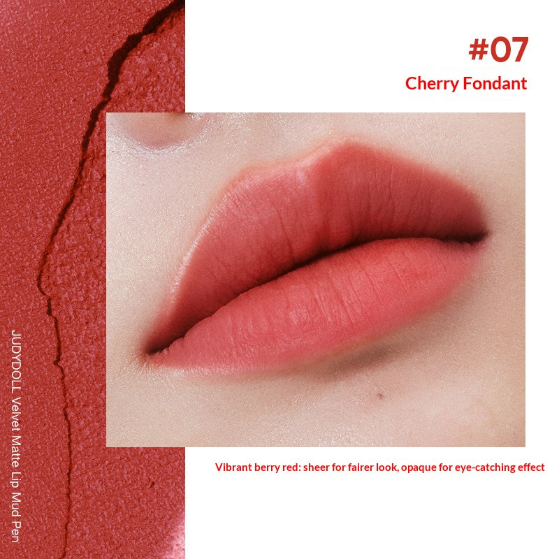 Judydoll Velvet Lip Mud Pencil #07 Cherry Fondant featuring vivid berry red matte lip color with rich velvet effect