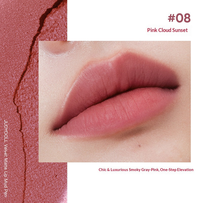 Judydoll Velvet Lip Mud Pencil #08 Pink Cloud Sunset with smoky dusty pink matte lip color and soft-focus velvet finish