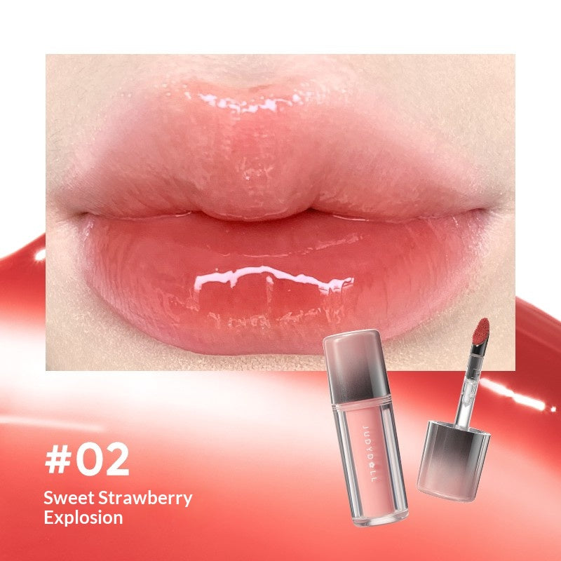 Judydoll Ice Glow Watery Lip Gloss #02 Juicy Strawberry featuring fresh strawberry pink glossy lip color with juicy finish