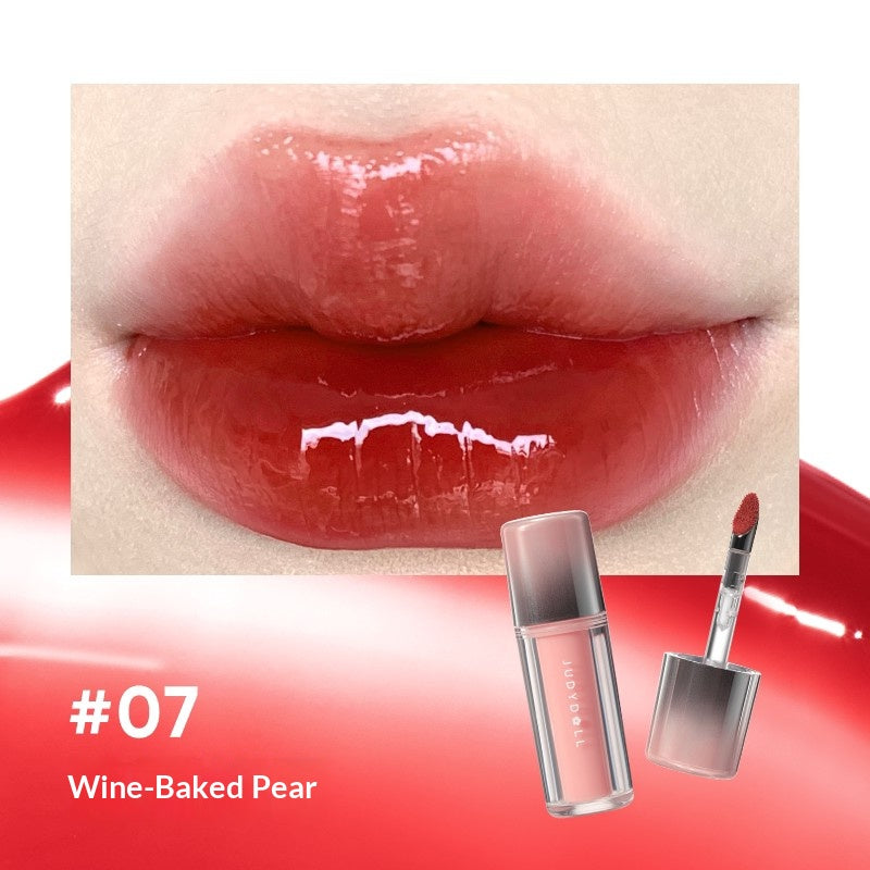 Judydoll Ice Glow Watery Lip Gloss #07 Tipsy Red featuring vibrant wine red glossy lip color with luminous juicy finish