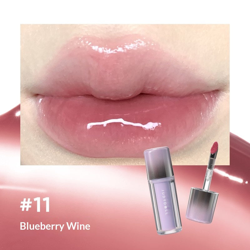 Judydoll Ice Glow Watery Lip Gloss #11 Blueberry Wine Stain with deep blueberry wine glossy lip color and juicy shine
