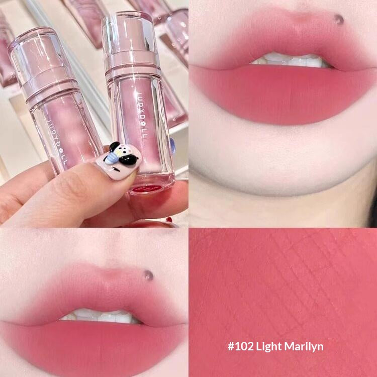Judydoll Magnetic Velvet Lip Mud #102 Light Marilyn featuring soft muted rose pink lip color with airy velvet texture