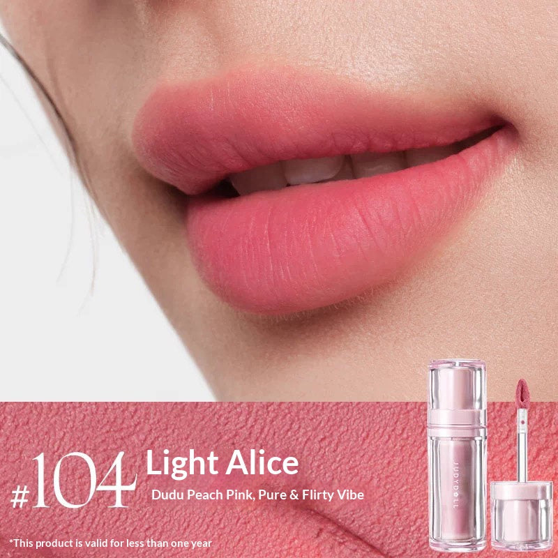 Judydoll Magnetic Velvet Lip Mud #104 Light Alice featuring light peach pink velvet lip color with blurred matte effect